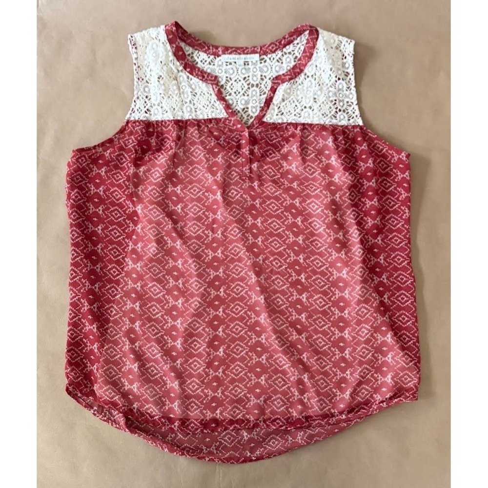 Daniel Rainn Womens Geometric Lace Crochet Sleeveless Top L Peasant Boho Summer